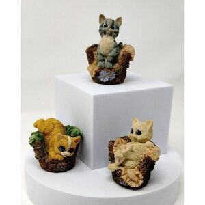 VTG Kitten Baskets 3 Figurines Wicker Hand Painted Resin Collectibles Cats Kitty